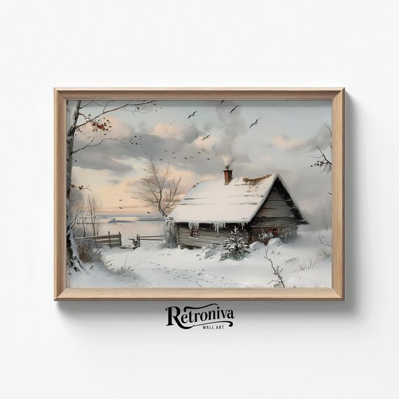 Snowy Log Cabin With Smoking Chimney By A Frozen Lake Poster
