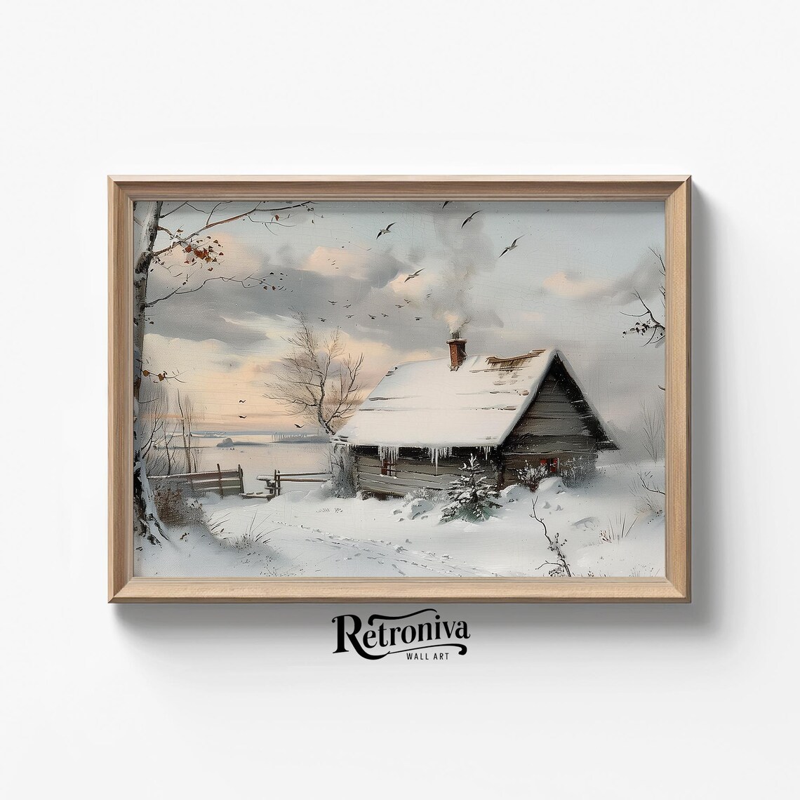 Snowy Log Cabin With Smoking Chimney By A Frozen Lake Poster