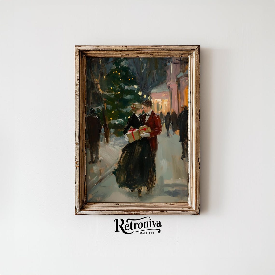 Couple Walking On The Street With Christmas Gifts Vintage Oil Painting Romantic Couple Love Art Print Retroniva Art Cpl 012 - Image 6