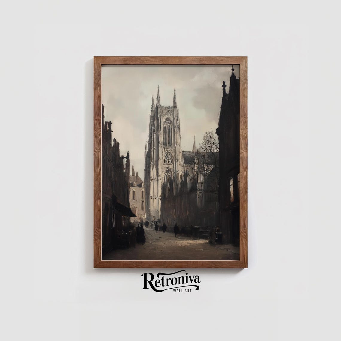 Moody Gothic Cathedral Tower Down A Dark Old Street Painting Poster - Image 3