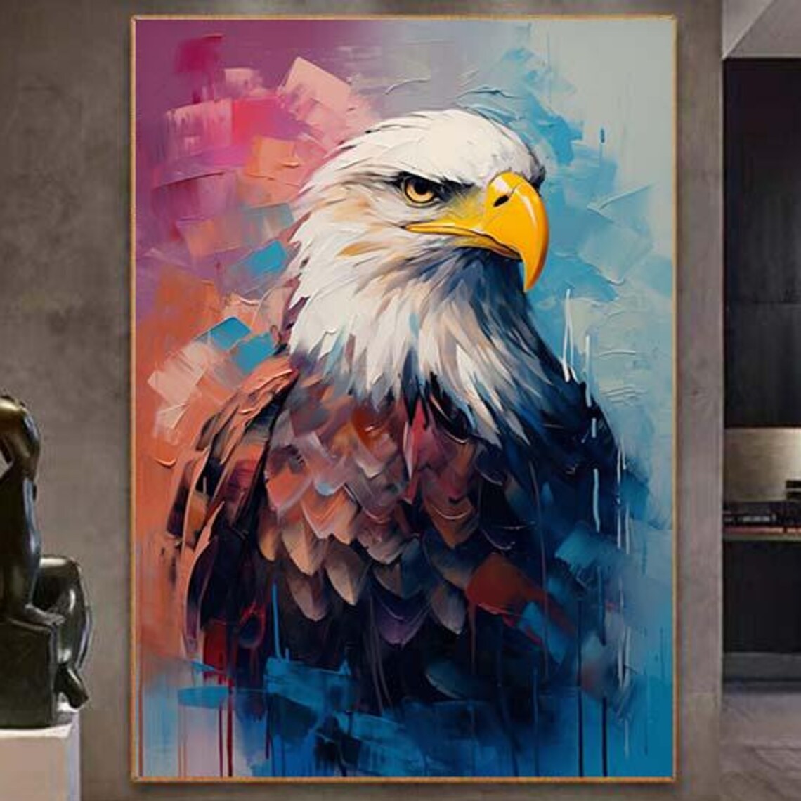 Majestic Bald Eagle Portrait Against Pink and Blue Oil Poster
