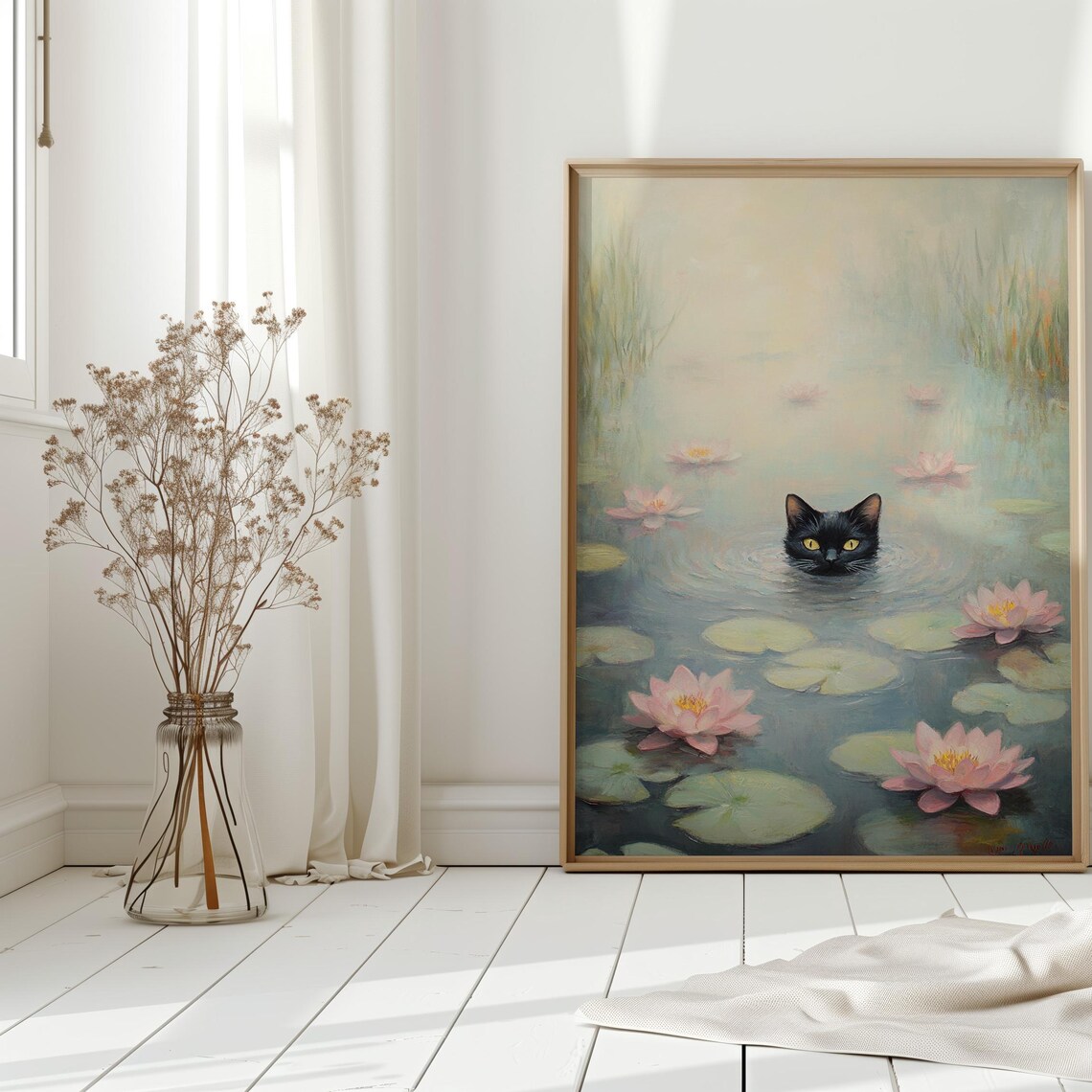Black Cat Peeking Through Misty Water Lilies Fantasy Wall Art