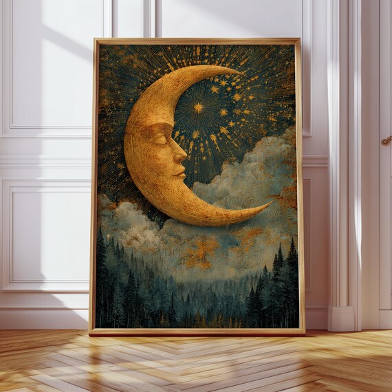 Engraved Golden Moon Face Vintage Celestial Night Sky Poster