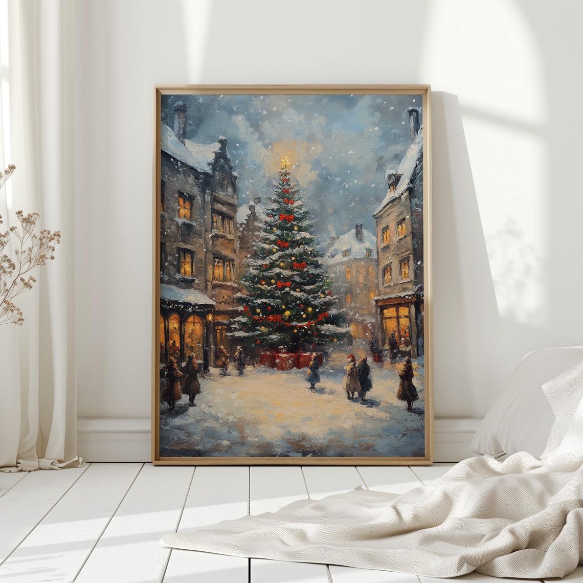 Snowy Christmas Tree In Town Square With Glowing Shops Poster