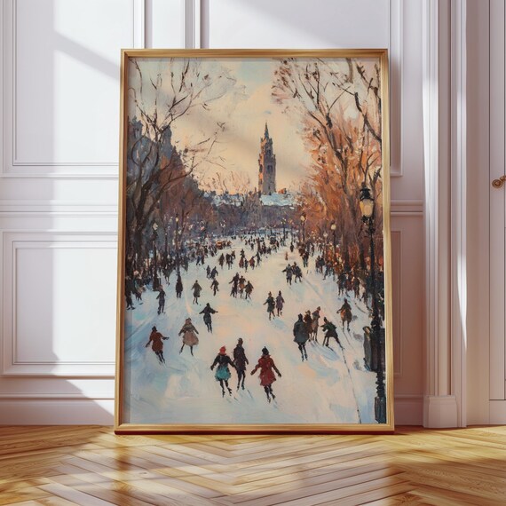 Vintage Ice Skating Scene Crowded Winter Pond And Tower Poster
