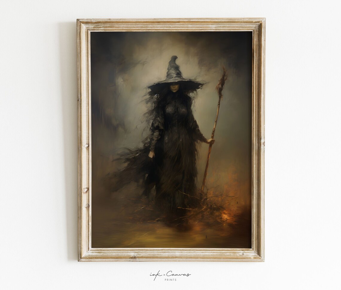 Vintage Halloween Witch With Broom Art Print