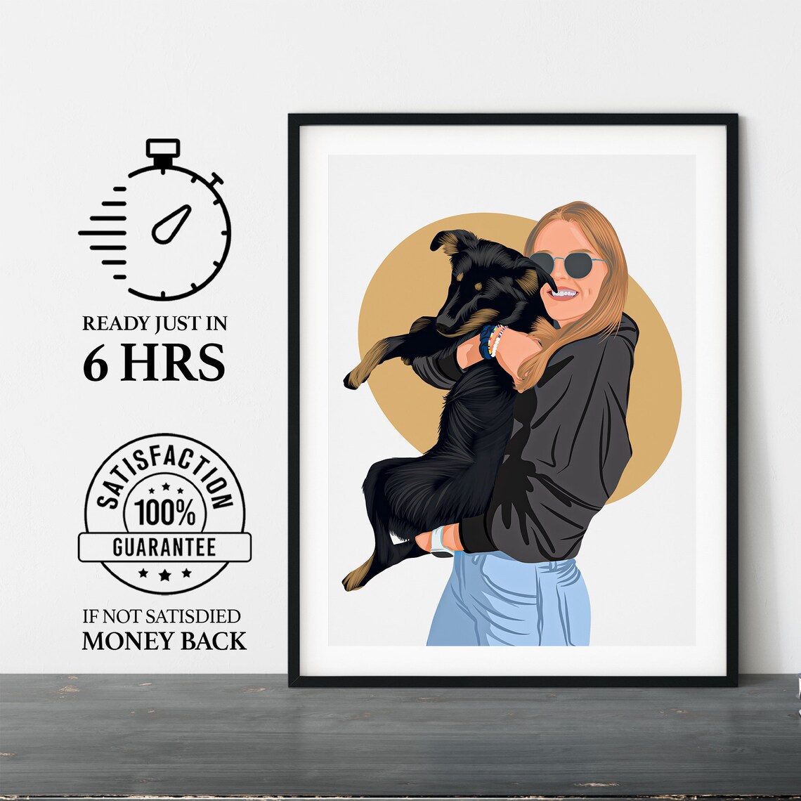 Sunny Woman With Sunglasses Cuddling Black Dog Portrait Poster