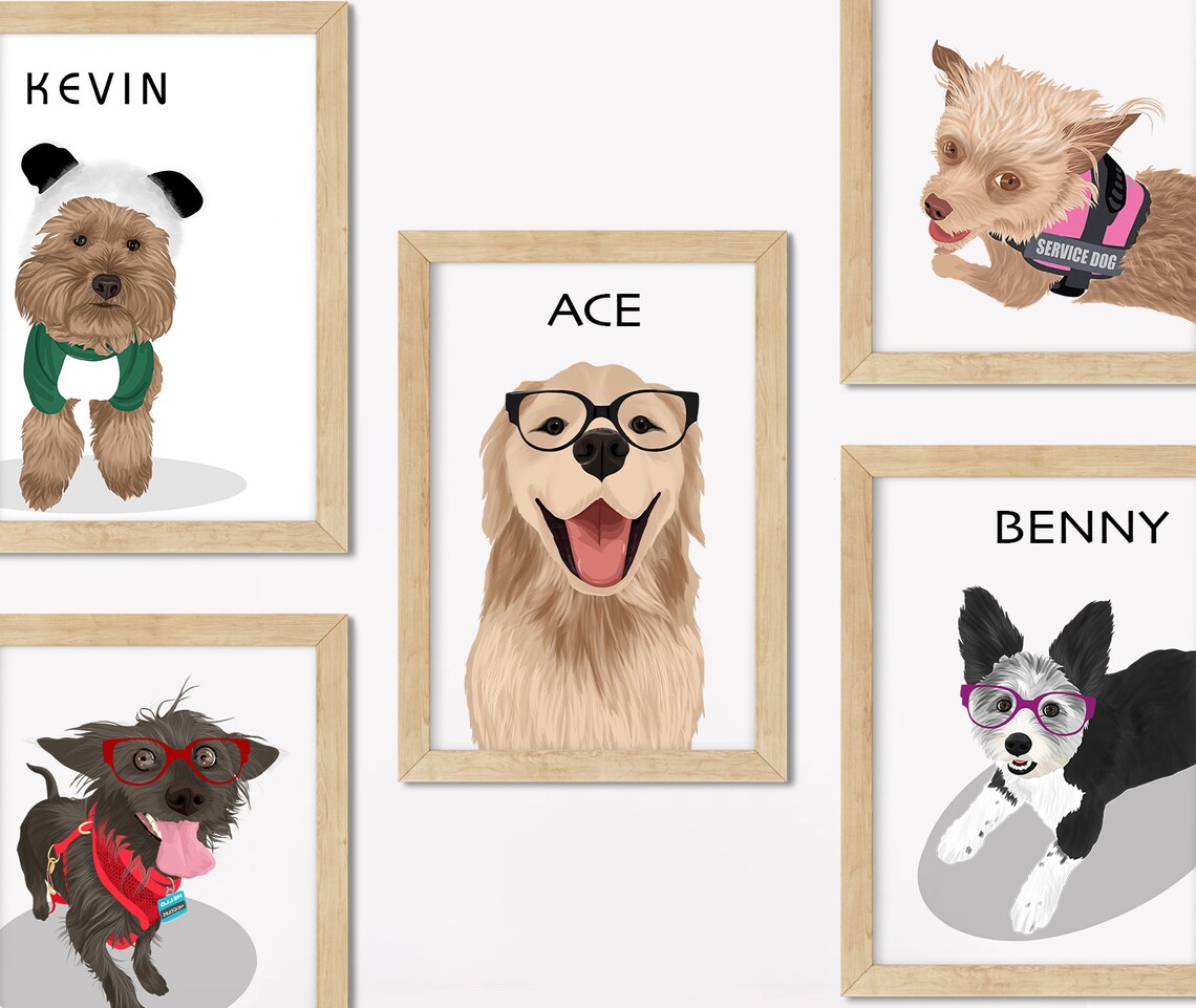 Set of Custom Dog Portraits Gallery Wall Pet Illustration Poster