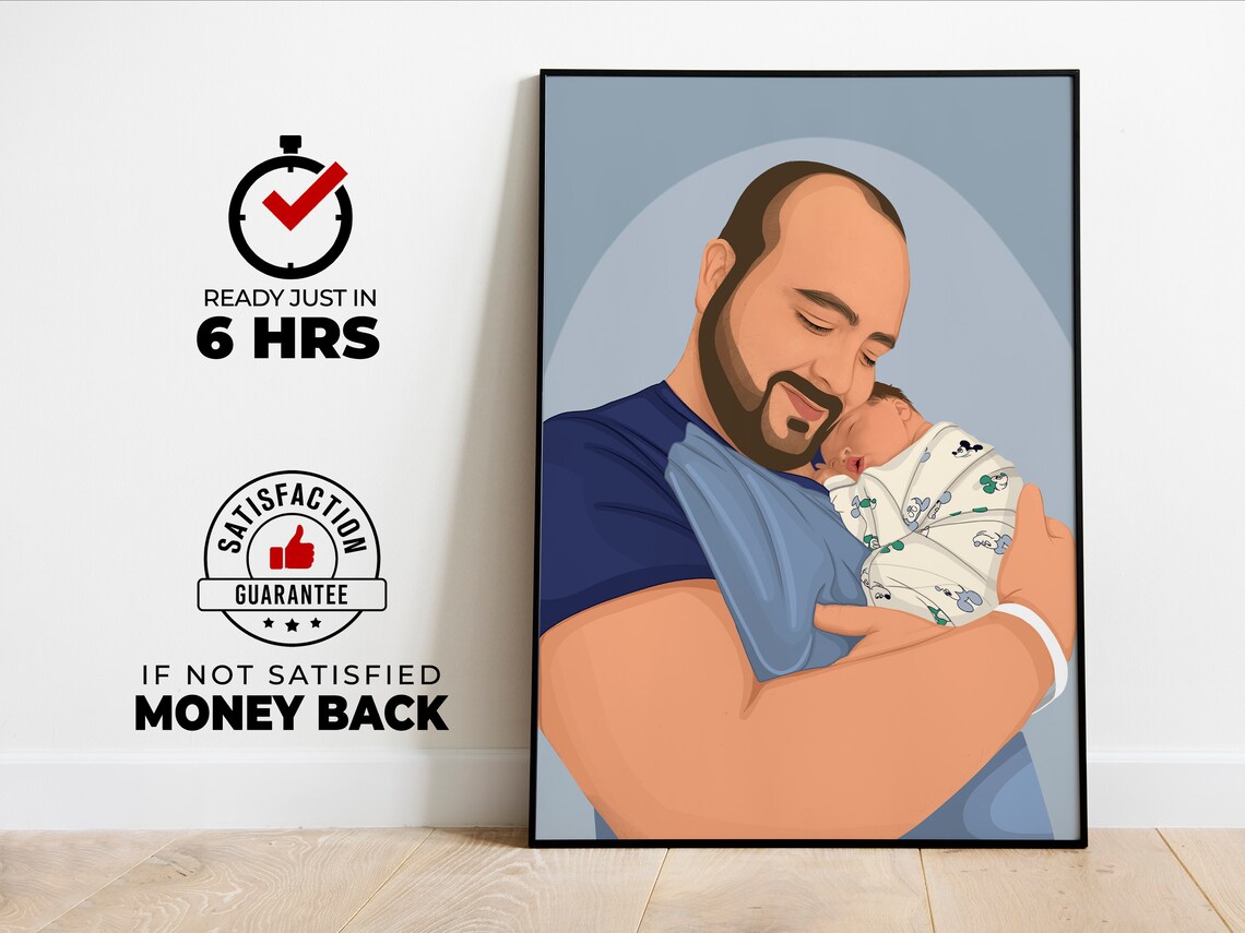 Custom Bearded Dad Holding Newborn Baby Portrait on Blue Poster