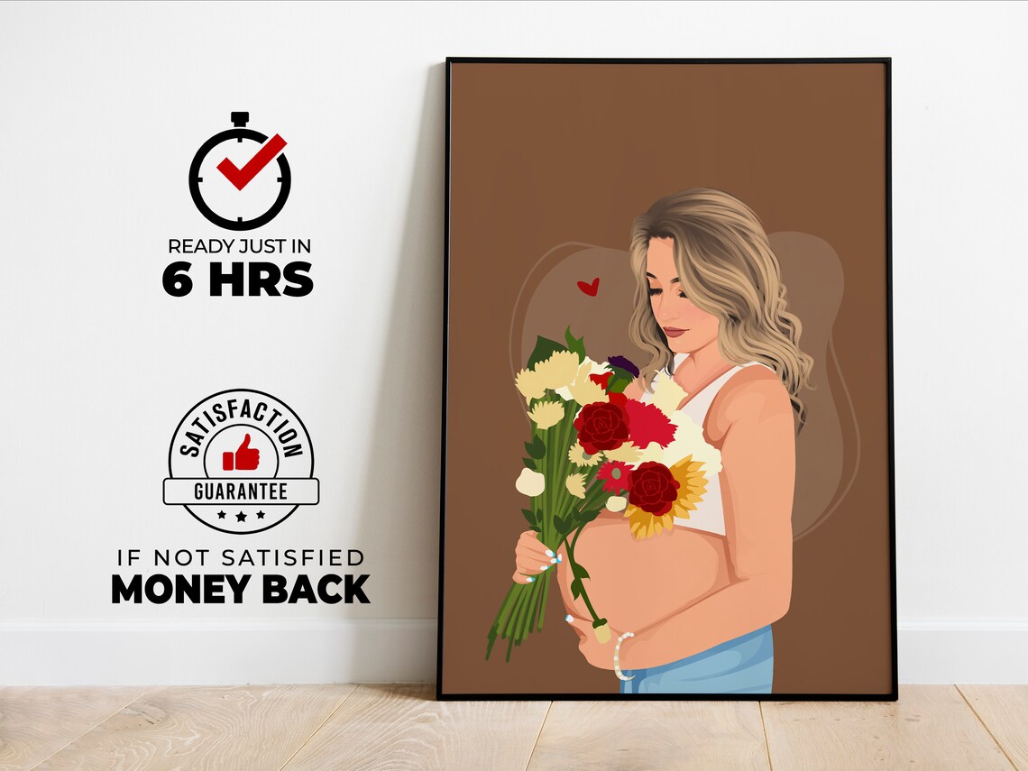 Pregnant Woman Holding Big Flower Bouquet Faceless Illustration Poster