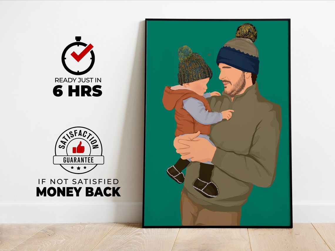 Custom Dad and Toddler Portrait in Winter Knit Hats on Teal Poster