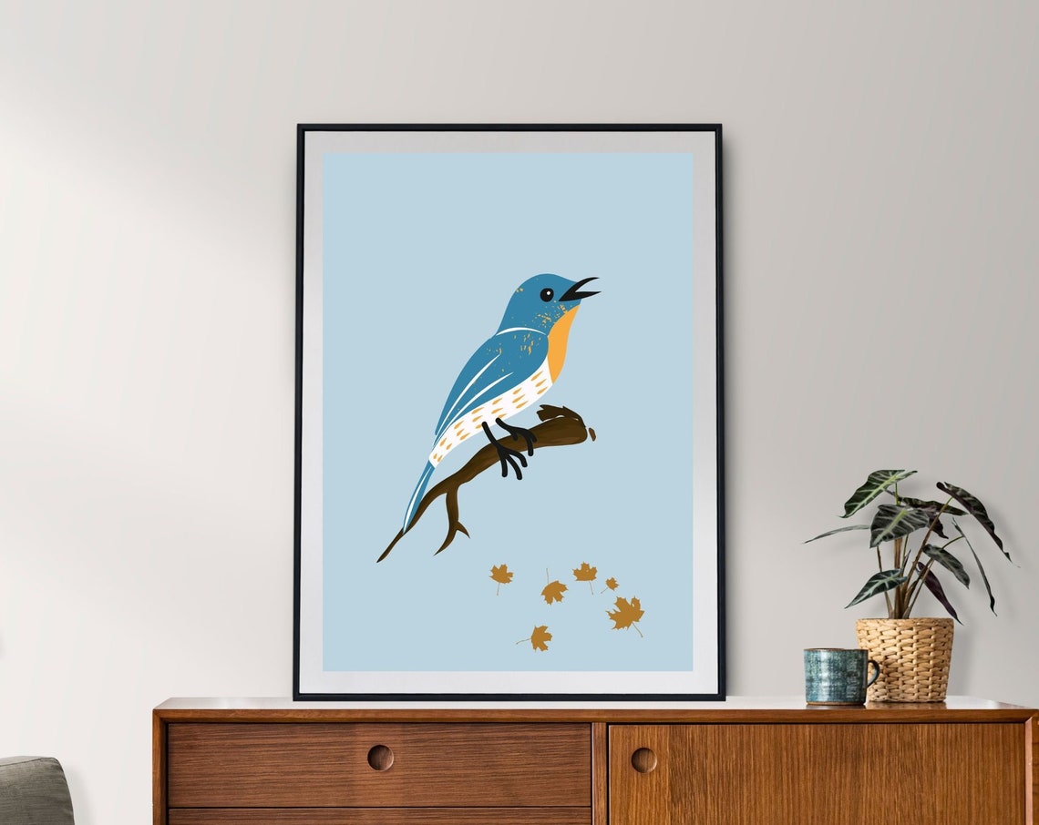 Bluebird On Branch Autumn Leaves Minimalist Bird Illustration Poster - Image 2