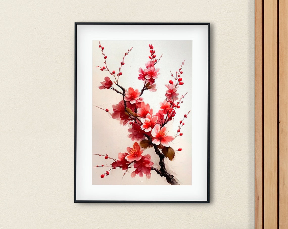Red Cherry Blossom Branch Elegant Asian Ink Floral Art Poster