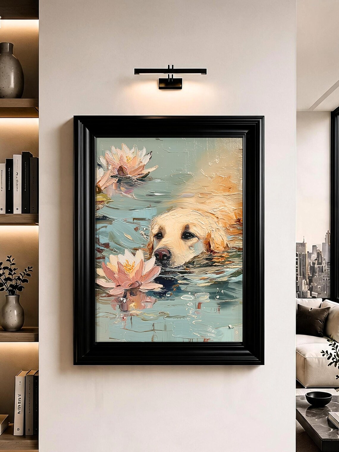 Golden Retriever Swimming Among Water Lilies Dog Painting Poster