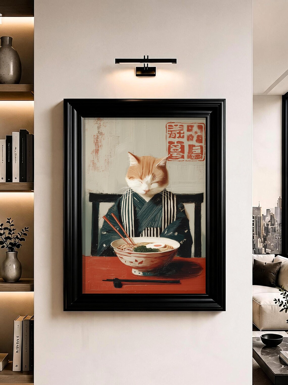Ginger Cat Kimono Ramen Bowl Japanese Stamp Oil Painting Art Poster