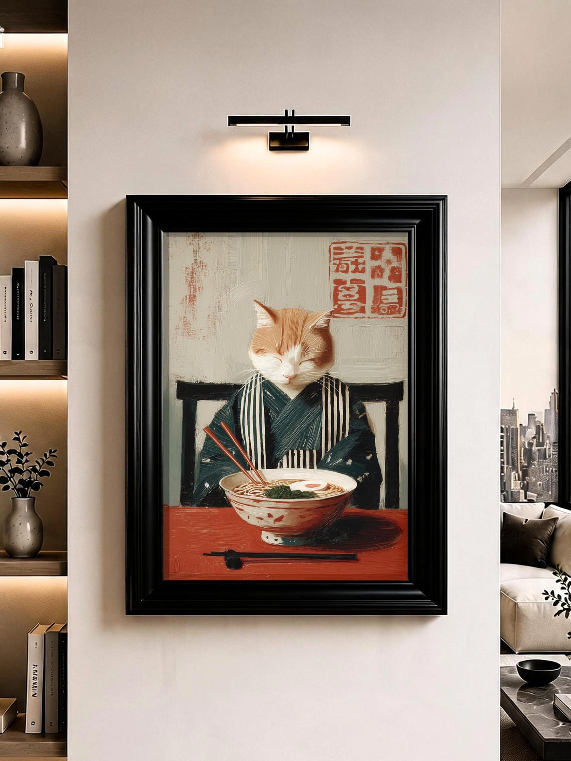 Japanese Ramen Cat Wall Art Kimono Oil Painting Print