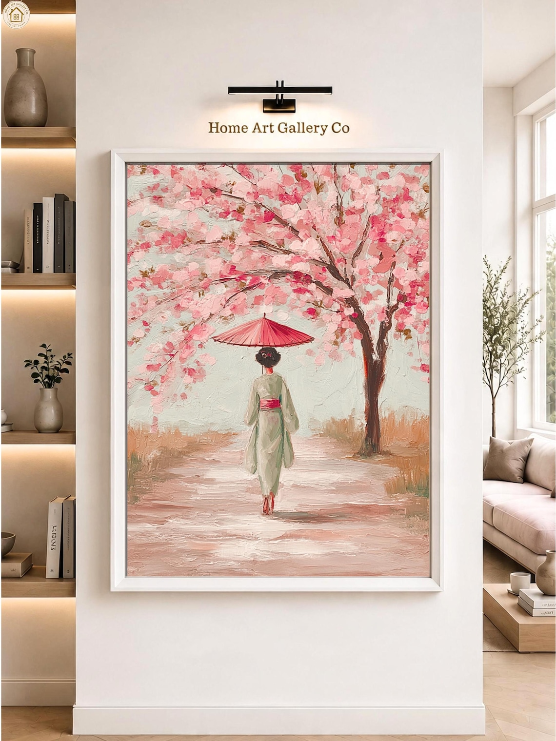 Japanese Woman In Kimono With Red Parasol Under Cherry Blossom Trees Poster