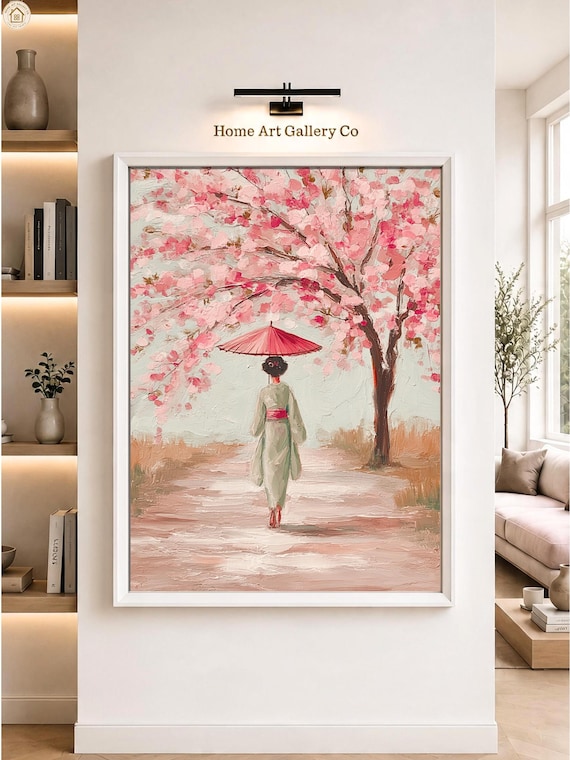 Japanese Woman In Kimono With Red Parasol Under Cherry Blossom Trees Poster
