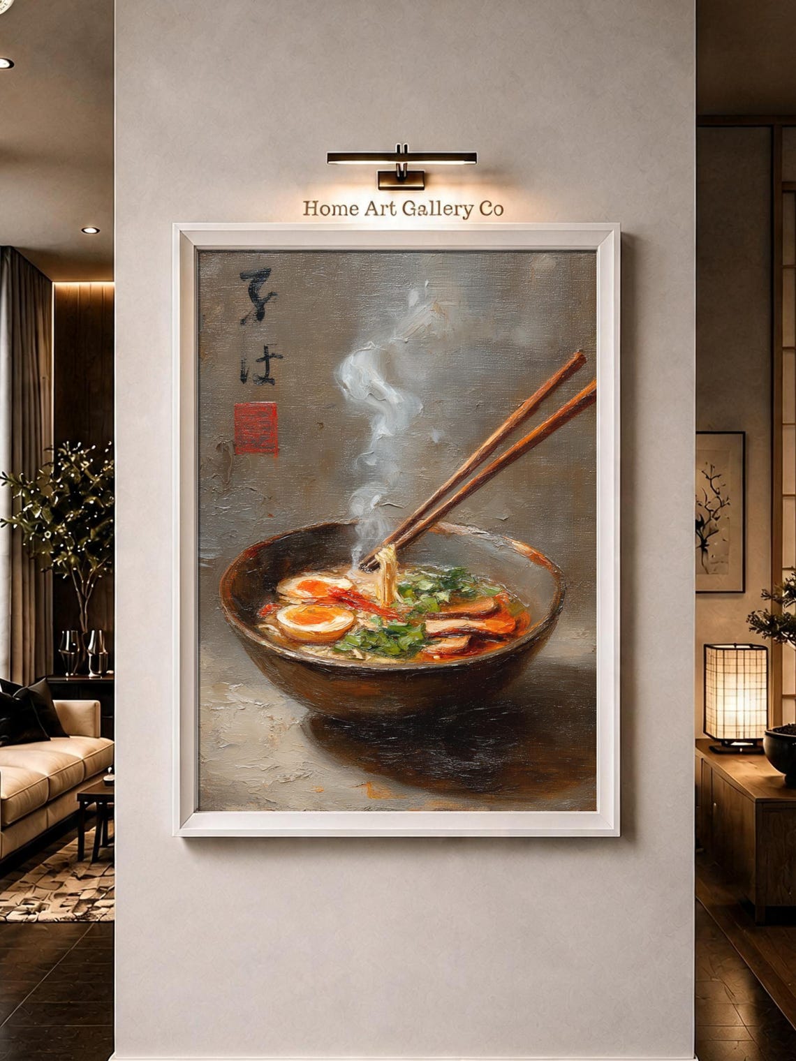 Steaming Ramen Bowl Rustic Ceramic Egg Greens Impasto Oil Art Poster