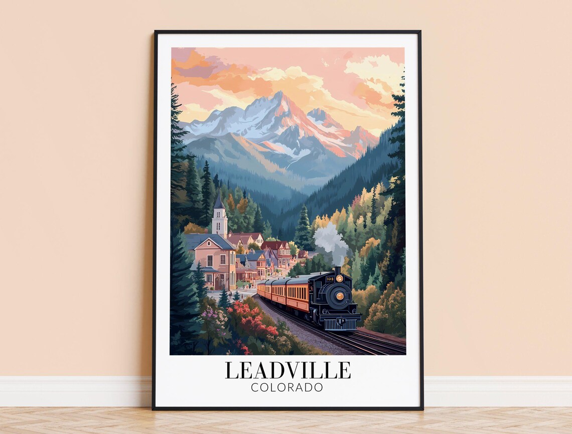 Leadville Colorado Steam Locomotive Golden Sunset Retro Travel Poster