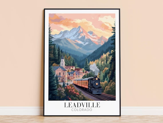 Leadville Colorado Steam Locomotive Golden Sunset Retro Travel Poster