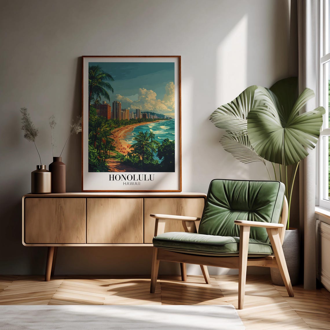 Honolulu Hawaii Waikiki Beach Poster with Palm Trees and Skyline View - Image 3