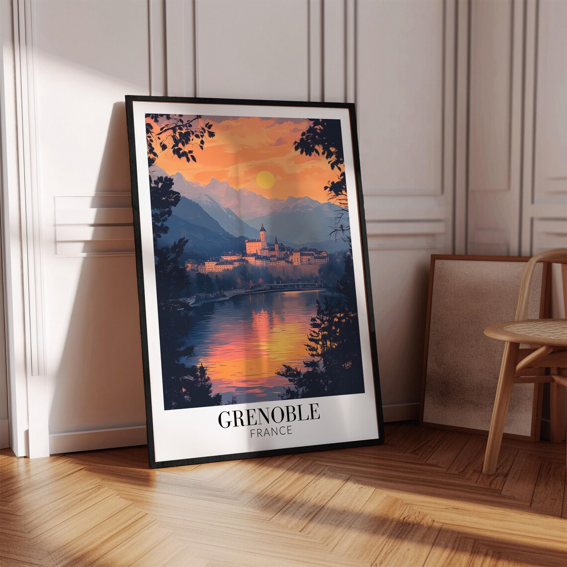 Grenoble Alpine City Isere River Fiery Sunset View Travel Poster - Image 4