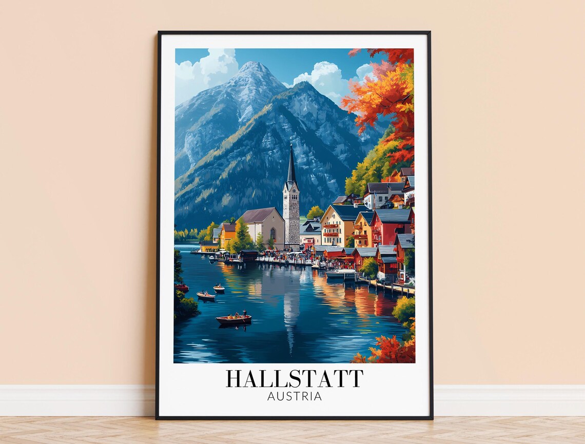 Hallstatt Austria Lakeside Village Poster with Church and Boats