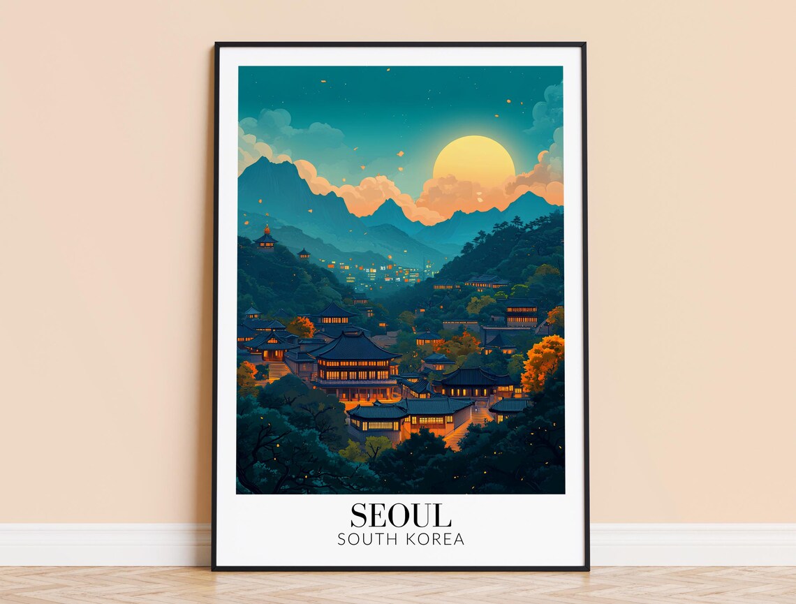Seoul Night Temples Moonlit Mountains City Lights Travel Poster