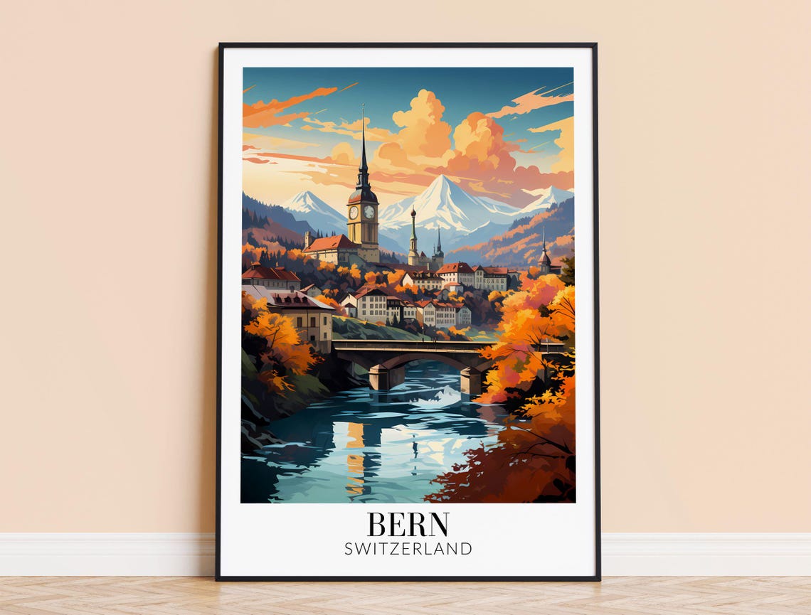 Bern Switzerland Old Town Clock Tower River Bridge Autumn Poster