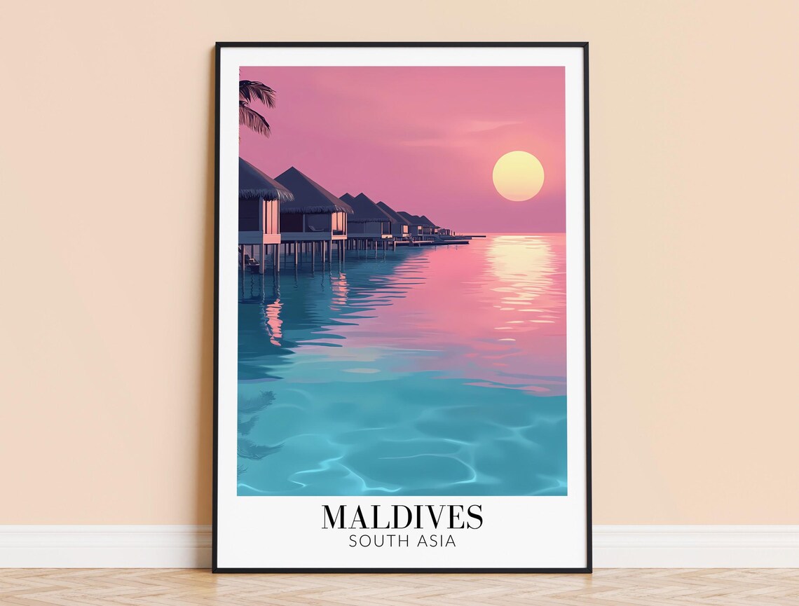 Maldives Pink Sunset Overwater Villas Glassy Calm Water Poster