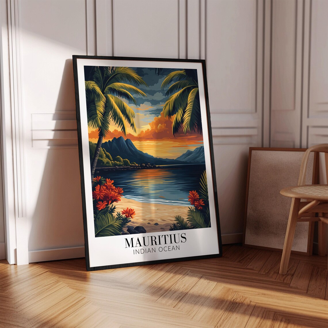 Mauritius Beach Sunset Palm Trees Lagoon Island Travel Poster - Image 2