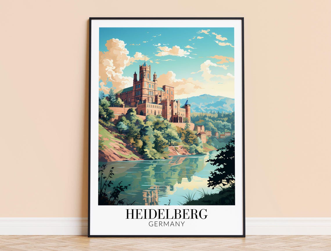 Heidelberg Germany Old Town Castle Above River Vintage Travel Poster