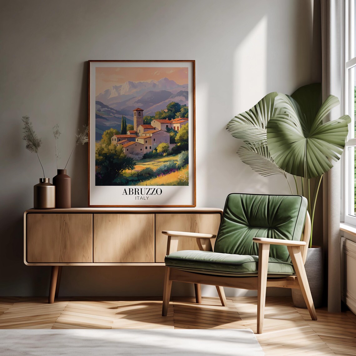 Abruzzo Hill Village Bell Tower Golden Sunset View Travel Poster - Image 2