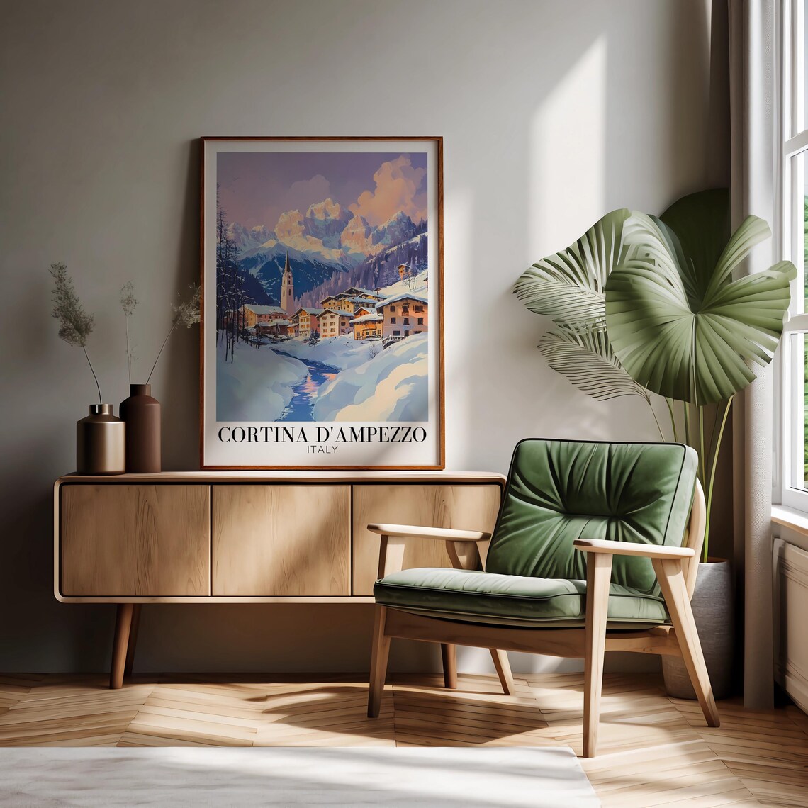 Cortina DAmpezzo Italy Snowy Town Bell Tower at Dusk Travel Poster - Image 2