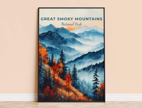 Great Smoky Mountains Misty Blue Ridges Autumn Watercolor Poster
