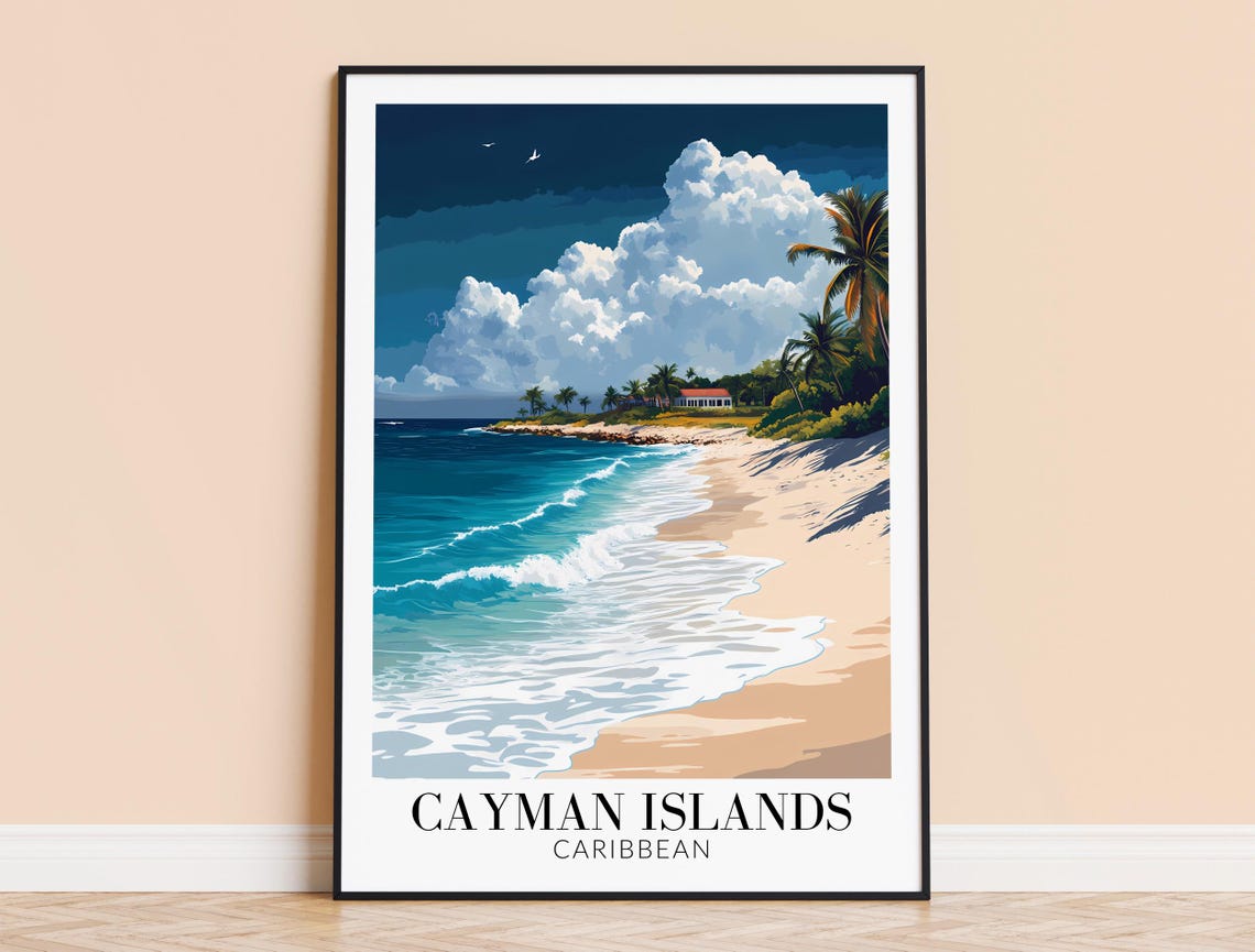 Cayman Islands Palm Beach Surf Breaking Waves Caribbean Travel Poster