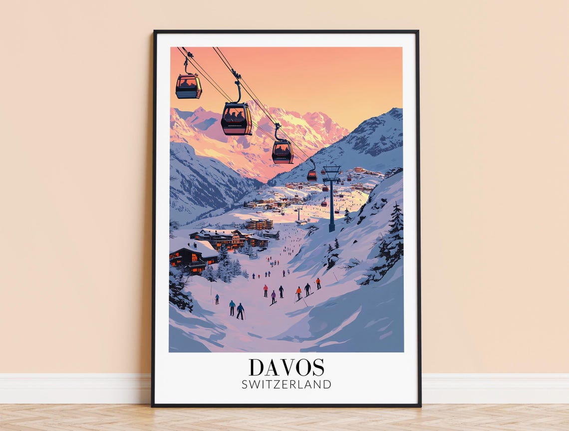 Davos Switzerland Gondola Cabins Over Sunset Ski Slope Poster