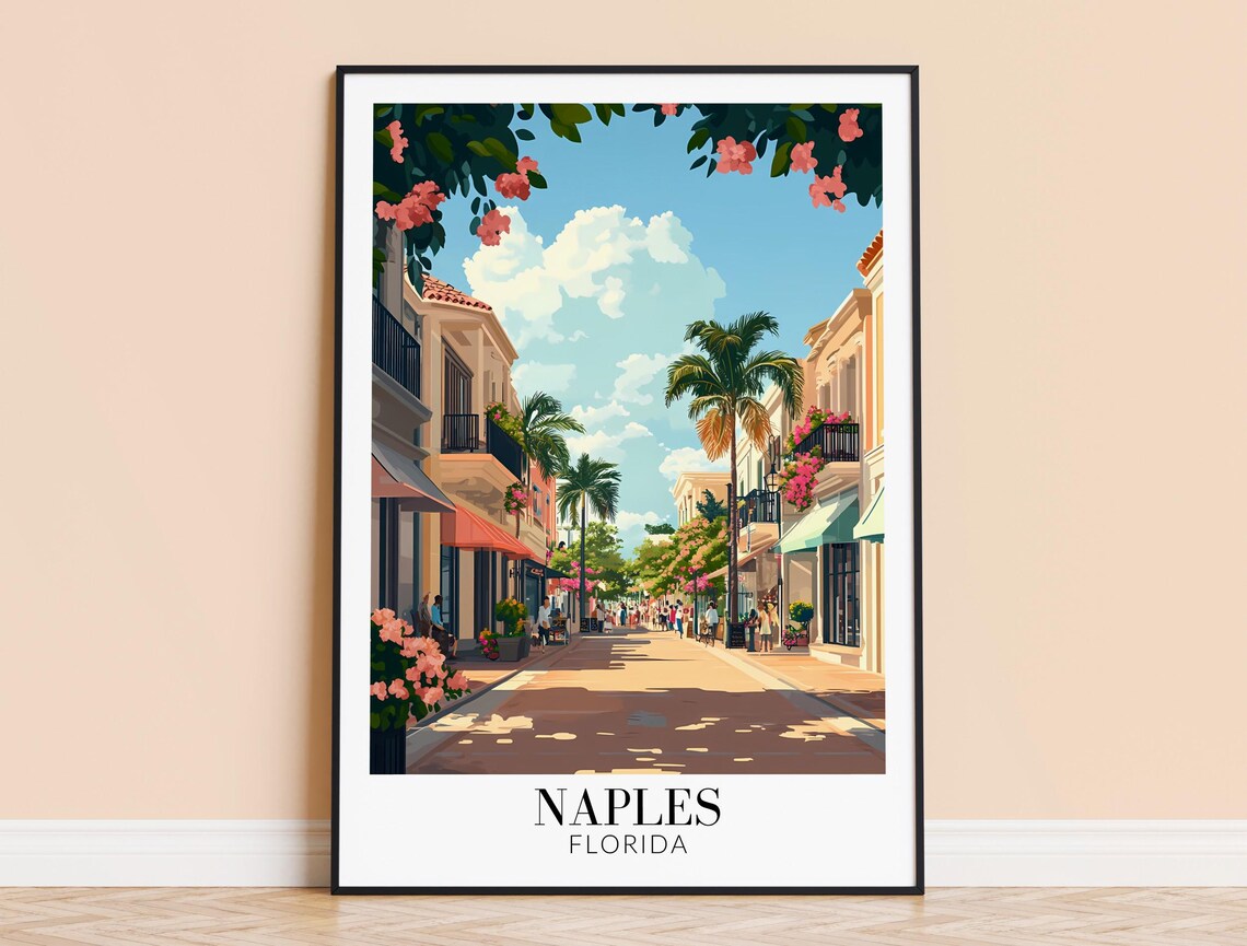 Naples Florida Sunlit Palm Street Flowering Balconies Travel Poster
