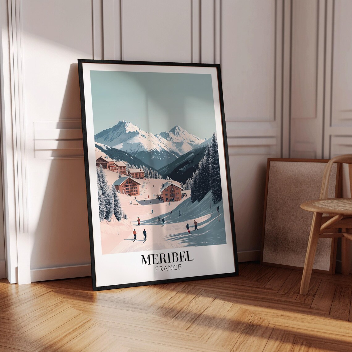 Meribel France Soft Pastel Ski Slopes With Skiers Winter Travel Poster - Image 4