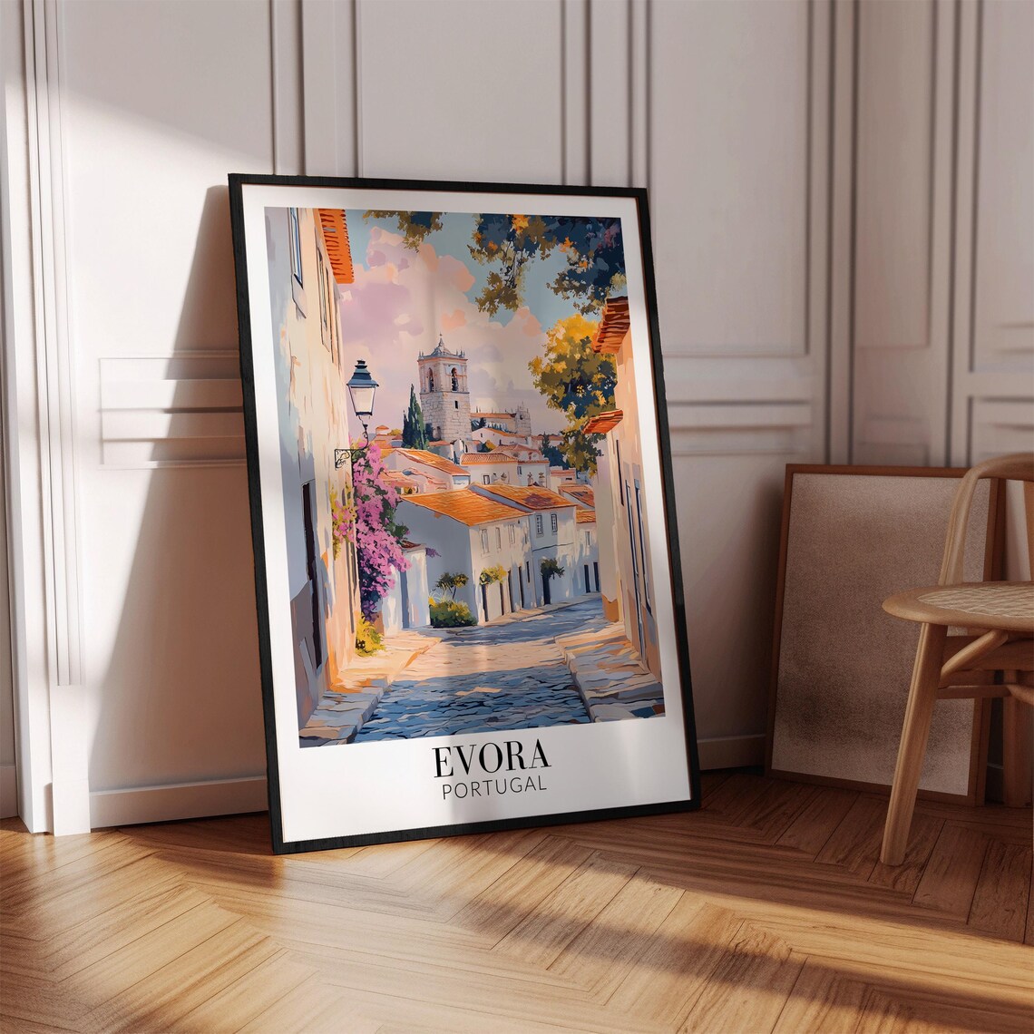 Evora Portugal Cobblestone Lane With Bell Tower and Blooms Poster - Image 4