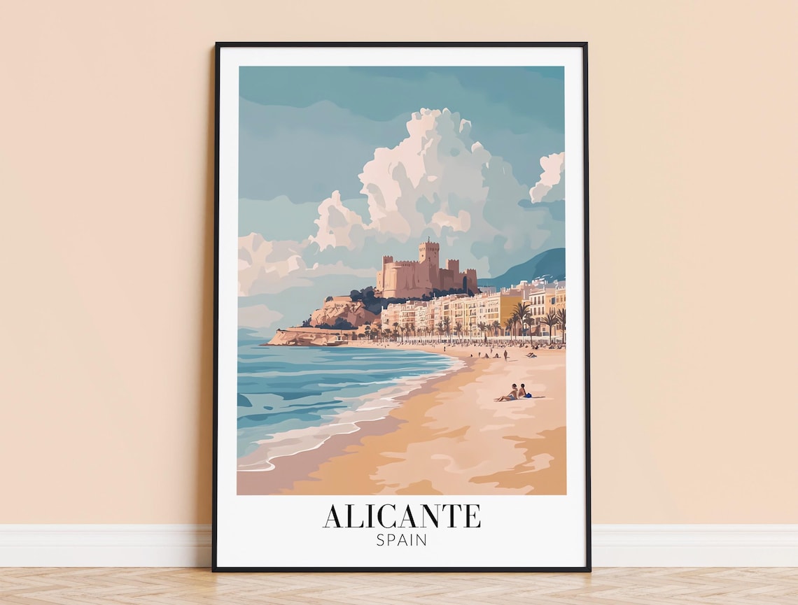 Alicante Spain Beach Castle Hill Vintage Coastal Travel Art Poster