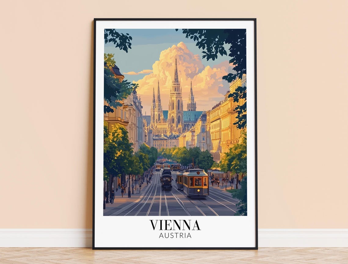 Vienna Austria Vintage Tram Street Gothic Cathedral View Poster