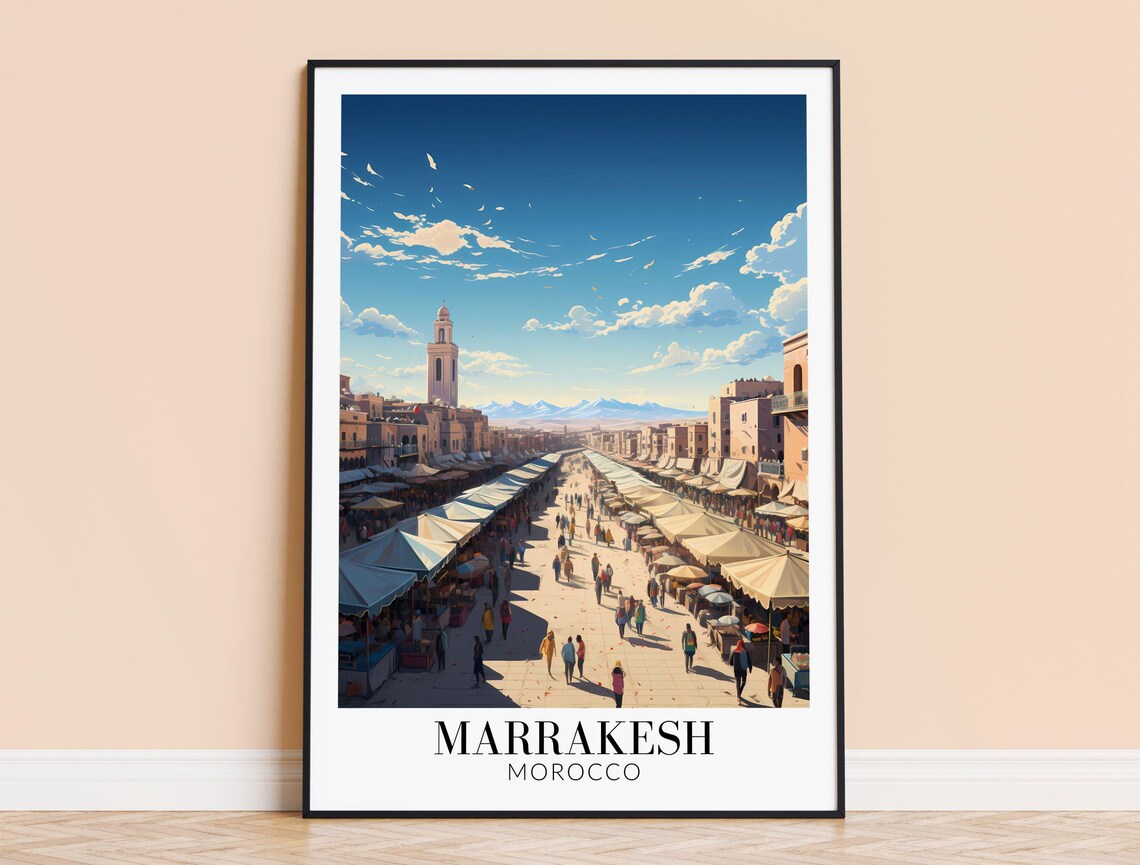 Marrakesh Morocco Travel Poster Jemaa El Fnaa Market Square Minaret Decor