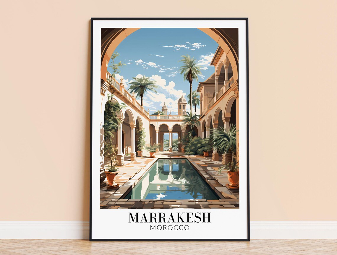 Marrakesh Morocco Travel Poster Riad Courtyard Pool Palm Trees Arches Decor