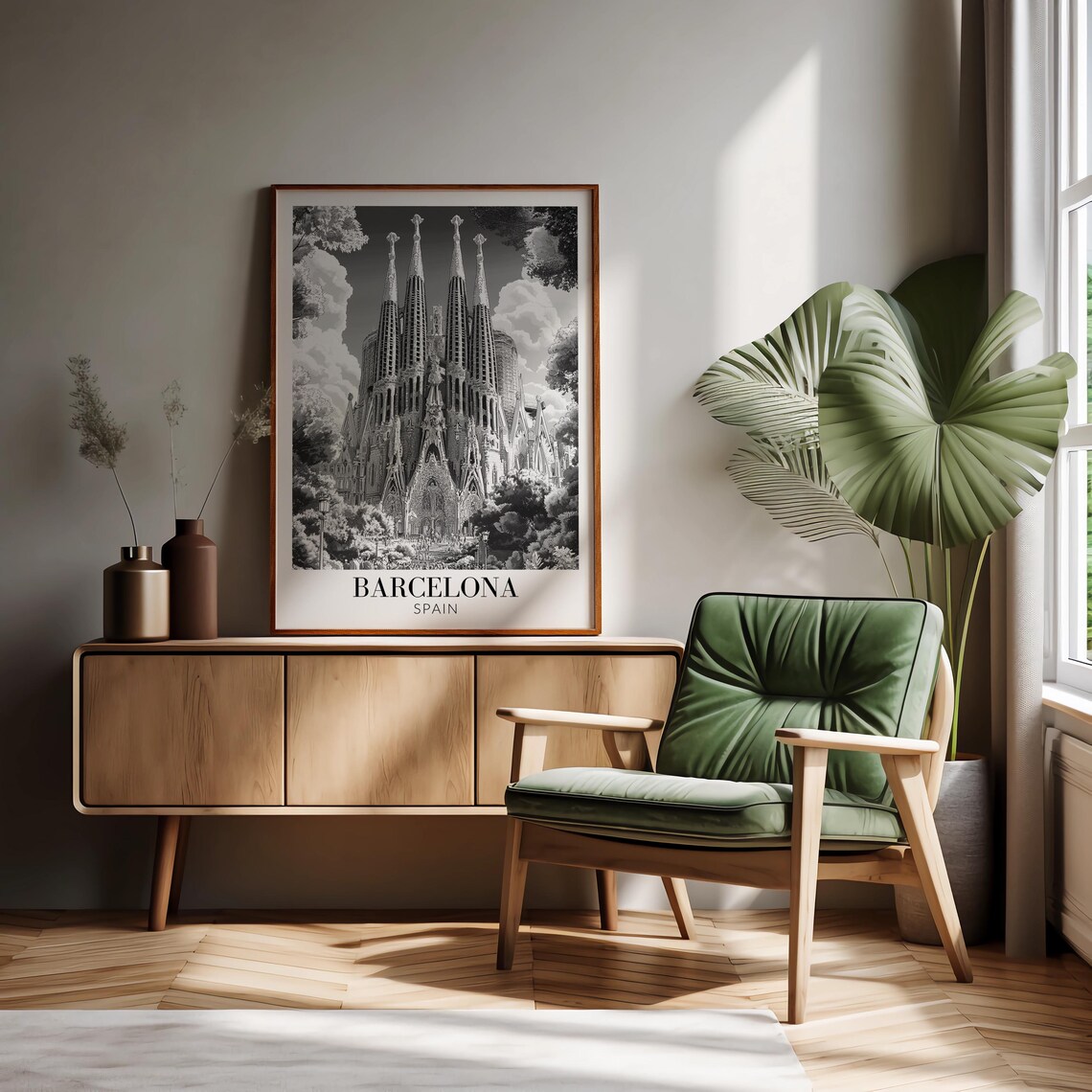 Barcelona Spain Sagrada Familia Spires Monochrome Travel Poster - Image 3