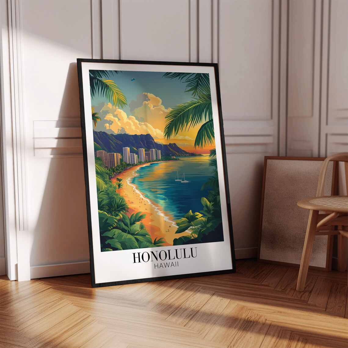 Honolulu Hawaii Waikiki Beach Sunset Poster with Glowing Skyline - Image 2