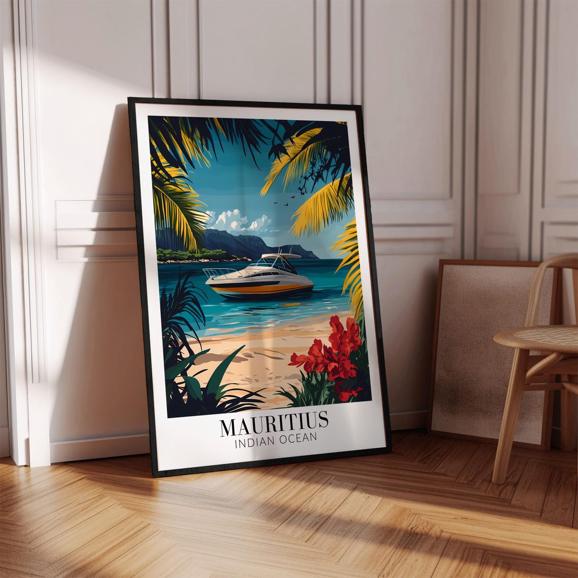 Mauritius Indian Ocean Beach Poster with Yacht and Palm Trees - Image 2