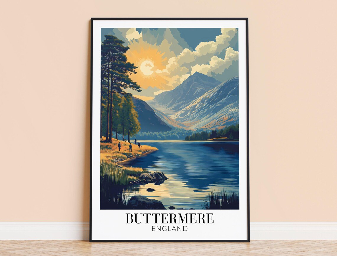 Buttermere England Sunset Lake Walkers Pine Shores Travel Poster