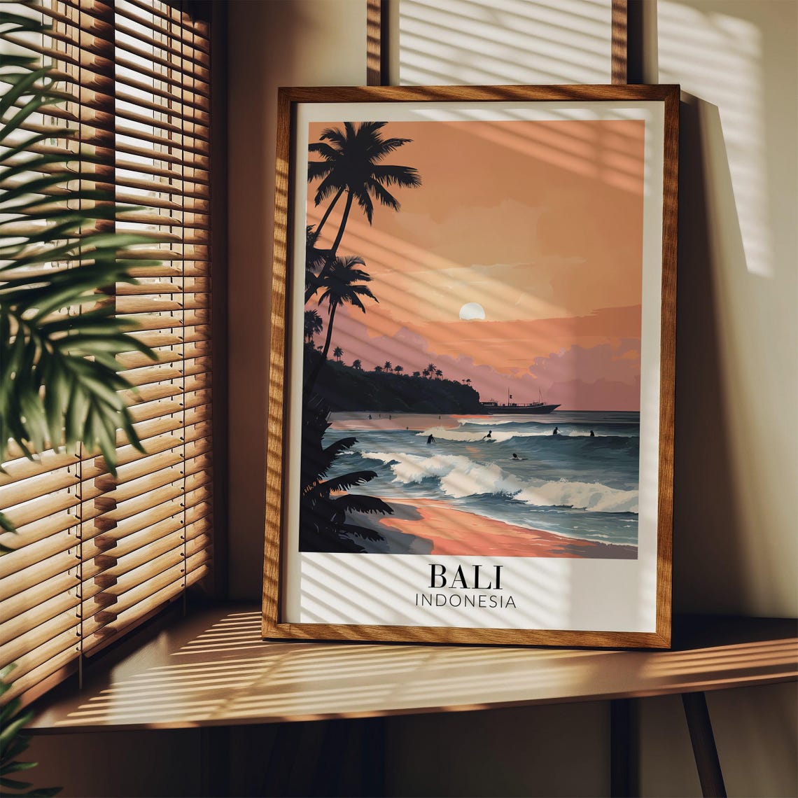 Bali Sunset Surf Beach Palm Silhouettes Waves Indonesia Poster - Image 3